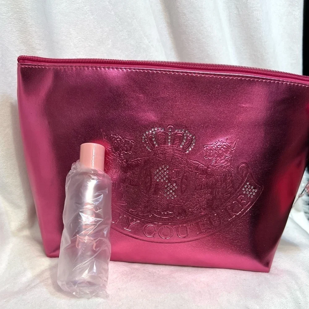 👑 🩷Juicy Couture  Pink Metallic Cosmetic Bag AND EMPTY TOILETRY BOTTLE 🩷NWT